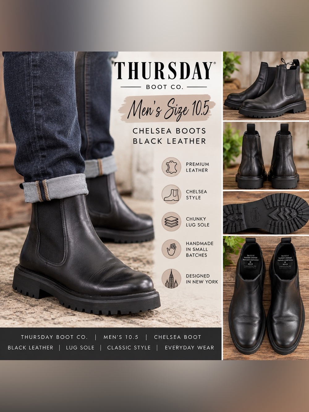 Thursday Boot Co. Men’s 10.5 Black Leather Chelsea Lug Sole Boots